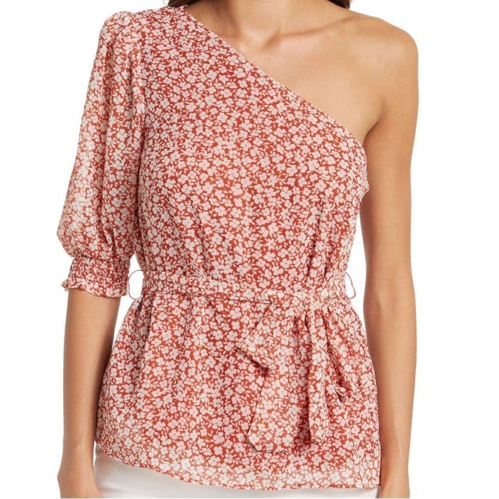 Gibsonlook Puff Sleeve One Shoulder Floral Blouse Tie Rust Tan S